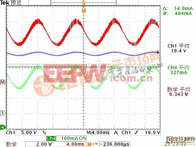 輸出回收電解電容（470uFX2）時的電流、電壓波形