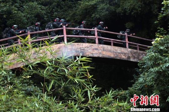 圖為來(lái)自武警福建總隊(duì)三明、龍巖、南平支隊(duì)100余名特戰(zhàn)隊(duì)員在福建省三明市永安?揲瞪嬌?展特戰(zhàn)極限練習(xí)?！『?攝